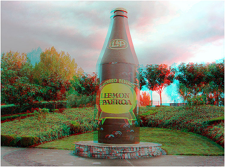The iconic Lemon and Paeroa bottle in Paoroa New Zealand. 3-D Photography by Marc Dawson.